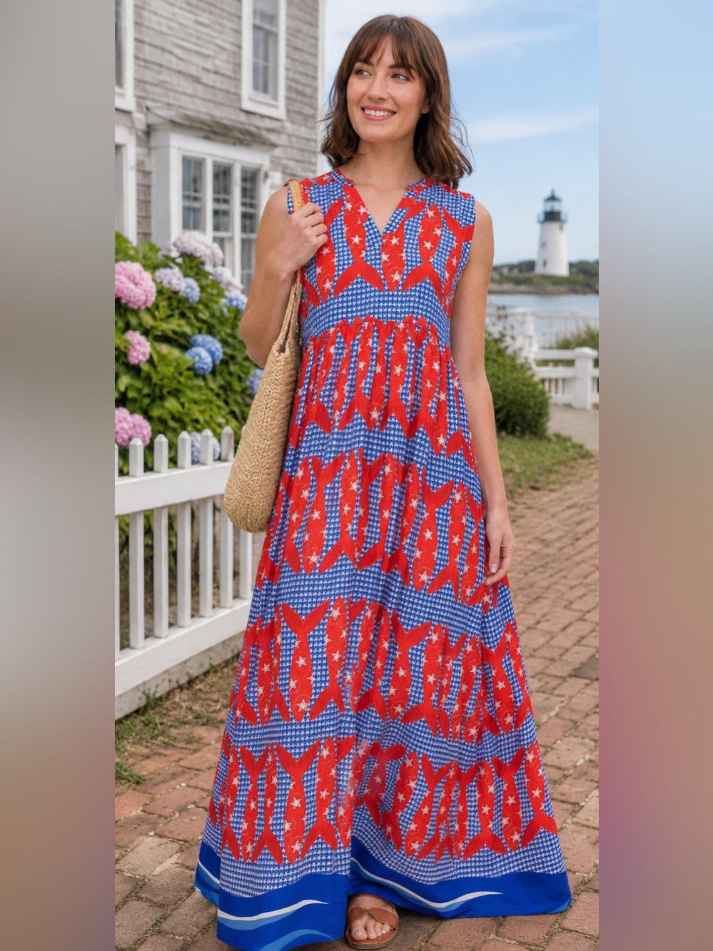Briton Court Harbor Catch Maxi red white blue cape cod dress NWT